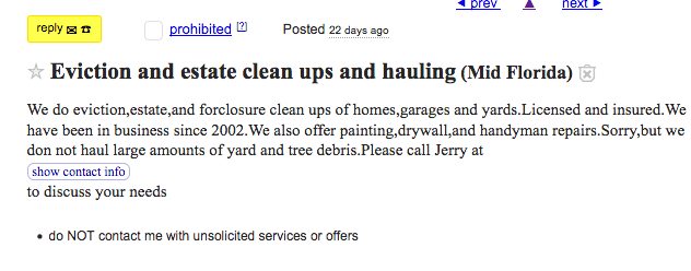 Jerry's Hurricane Clean Up Craigslist Ad